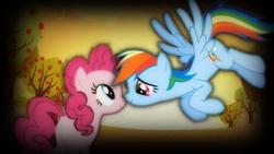 Size: 480x270 | Tagged: safe, artist:drakkenlovesshego12, pinkie pie, rainbow dash, earth pony, pegasus, pony, g4, apple, apple tree, female, flying, food, lesbian, looking at each other, mare, ship:pinkiedash, shipping, smiling, sun, sunset, tree, wings