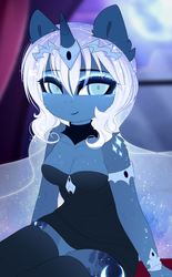 Size: 548x883 | Tagged: safe, artist:magnaluna, princess luna, alicorn, anthro, g4, breasts, busty princess luna, cleavage, clothes, colored pupils, cute, dress, ear fluff, female, looking at you, lunabetes, mare, shoulder fluff, smiling, socks, solo, thigh highs, wip, zettai ryouiki