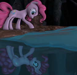 Size: 904x883 | Tagged: safe, artist:fd-daylight, artist:monnarcha, pinkie pie, earth pony, pony, g4, 3d, cave, cave pool, collaboration, female, mirror pool, reflection, solo, source filmmaker