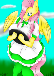 Size: 1800x2520 | Tagged: safe, artist:rockleerocks77, fluttershy, pegasus, anthro, g4, adorasexy, breasts, busty fluttershy, clothes, cute, female, maid, sexy, smiling, solo