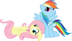 Size: 1875x1060 | Tagged: safe, artist:muhmuhmuhimdead, fluttershy, rainbow dash, pegasus, pony, g4, blushing, clothes, duo, female, floppy ears, lesbian, mare, on back, scarf, ship:flutterdash, shipping, simple background, spread wings, transparent background, vector, wings