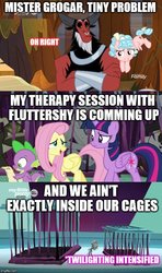 Size: 500x843 | Tagged: safe, edit, edited screencap, screencap, cozy glow, fluttershy, lord tirek, spike, twilight sparkle, alicorn, centaur, dragon, pegasus, pony, unicorn, g4, the beginning of the end, caption, comic, female, filly, flying, freckles, image macro, male, screencap comic, text, twilight sparkle (alicorn)