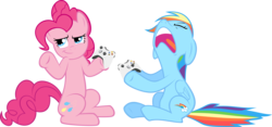 Size: 5000x2333 | Tagged: safe, artist:muhmuhmuhimdead, pinkie pie, rainbow dash, earth pony, pegasus, pony, g4, controller, eyes closed, female, floppy ears, funny, lost, mare, match, my life is ruined, nose in the air, open mouth, shrug, simple background, smiling, smirk, transparent background, xbox 360 controller, xbox controller