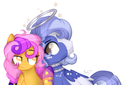 Size: 1280x864 | Tagged: safe, artist:mintoria, oc, oc only, oc:golden wildflower, pegasus, pony, co:mooneam, female, halo, male, mare, simple background, stallion, starry eyes, transparent background, wingding eyes
