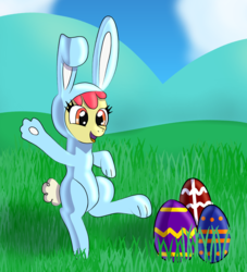 Size: 2112x2323 | Tagged: safe, artist:platinumdrop, apple bloom, pony, g4, animal costume, bunny costume, clothes, costume, easter, easter egg, female, high res, holiday, solo