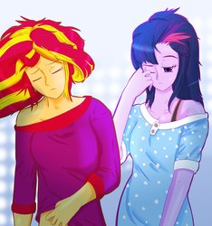 Size: 3191x3403 | Tagged: safe, artist:mantarwolf, sci-twi, sunset shimmer, twilight sparkle, equestria girls, g4, monday blues, my little pony equestria girls: summertime shorts, clothes, high res, pajamas, simple background, waking up, white background