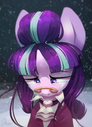 Size: 1225x1694 | Tagged: safe, artist:nestorust, snowfall frost, starlight glimmer, pony, unicorn, a hearth's warming tail, g4, clothes, crying, female, glasses, looking down, mare, snow, solo