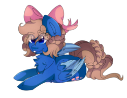 Size: 3000x2300 | Tagged: safe, artist:2pandita, oc, oc only, oc:midnight luna, pegasus, pony, bow, female, hair bow, high res, mare, prone, simple background, solo, tongue out, transparent background, two toned wings
