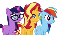 Size: 1920x1080 | Tagged: safe, edit, edited screencap, editor:php77, screencap, rainbow dash, sci-twi, sunset shimmer, twilight sparkle, pegasus, pony, unicorn, equestria girls, equestria girls specials, g4, my little pony equestria girls: better together, my little pony equestria girls: spring breakdown, bad edit, equestria girls ponified, female, geode of empathy, geode of fauna, geode of shielding, geode of sugar bombs, geode of super speed, geode of super strength, geode of telekinesis, glasses, human pony dash, magical geodes, mare, not a vector, ponified, smiling, trio, trio female, unicorn sci-twi