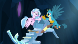 Size: 1920x1080 | Tagged: safe, screencap, gallus, silverstream, classical hippogriff, griffon, hippogriff, g4, uprooted, crystal, duo, female, flying, male, the place where we belong, treehouse of harmony
