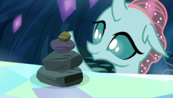 Size: 1920x1080 | Tagged: safe, screencap, ocellus, changedling, changeling, g4, uprooted, female, rock, solo, stacking