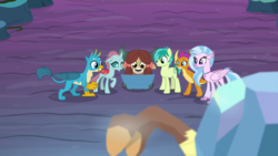 Size: 1920x1080 | Tagged: safe, screencap, gallus, ocellus, sandbar, silverstream, smolder, yona, changedling, changeling, classical hippogriff, dragon, earth pony, griffon, hippogriff, pony, yak, g4, uprooted, bow, cloven hooves, dragoness, female, hair bow, male, student six
