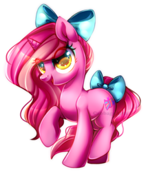Size: 600x709 | Tagged: safe, artist:cabbage-arts, oc, oc only, oc:candy heart, pony, unicorn, bow, commission, commissioner:candy-heart58, female, hair bow, horn, mare, simple background, solo, tail bow, transparent background, unicorn oc, watermark