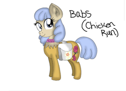 Size: 640x462 | Tagged: safe, earth pony, pony, aardman animations, babs (chicken run), bag, blue mane, blue tail, chicken run, dreamworks, gray eyes, ponified, saddle bag, tail
