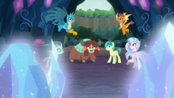Size: 1920x1080 | Tagged: safe, screencap, gallus, ocellus, sandbar, silverstream, smolder, yona, changedling, changeling, classical hippogriff, dragon, earth pony, griffon, hippogriff, pony, yak, g4, uprooted, bow, cloven hooves, colored hooves, dragoness, female, flying, hair bow, jewelry, male, monkey swings, necklace, student six, teenager