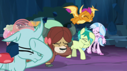 Size: 1920x1080 | Tagged: safe, screencap, ocellus, sandbar, silverstream, smolder, yona, changedling, changeling, classical hippogriff, dragon, earth pony, hippogriff, pony, yak, g4, uprooted, bow, cloven hooves, colored hooves, dragoness, female, flying, hair bow, jewelry, male, monkey swings, necklace, teenager