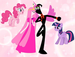 Size: 3248x2436 | Tagged: safe, artist:nathaniel718, pinkie pie, twilight sparkle, alicorn, pony, g4, adventure time, clothes, costume, crossover, high res, male, nergal, nergal and princess bubblegum, princess bubblegum, sparkling, the grim adventures of billy and mandy, twilight sparkle (alicorn)