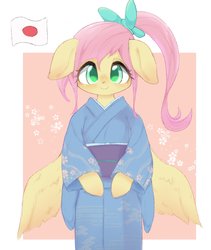 Size: 1728x2048 | Tagged: safe, artist:91o42, fluttershy, pegasus, semi-anthro, g4, alternate hairstyle, arm hooves, bow, clothes, cute, female, floppy ears, hair bow, kimono (clothing), looking at you, mare, ponytail, shyabetes, solo