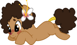 Size: 1286x749 | Tagged: safe, artist:chipmagnum, oc, oc only, oc:rice paddy, earth pony, ladybug, pony, g4, cross-eyed, female, flower, flower in hair, insect on nose, looking at something, mare, prone, simple background, solo, transparent background