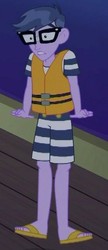 Size: 282x652 | Tagged: safe, screencap, micro chips, equestria girls, equestria girls specials, g4, my little pony equestria girls: better together, my little pony equestria girls: spring breakdown, clothes, cropped, feet, glasses, legs, lifejacket, male, male feet, shocked, shorts