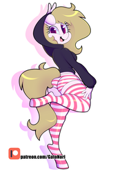 Size: 2893x4092 | Tagged: safe, artist:norithecat, oc, oc only, oc:coiled heart, anthro, anthro oc, clothes, digital, female, hand, jacket, logo, panties, patreon, patreon logo, socks, solo, striped socks, striped underwear, thigh highs, underwear