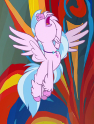 Size: 536x706 | Tagged: safe, screencap, silverstream, classical hippogriff, hippogriff, g4, uprooted, dramatic, feathered fetlocks, female, flying, jewelry, mural, necklace, nose in the air, open beak, solo