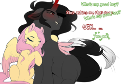 Size: 3228x2231 | Tagged: safe, artist:evehly, fluttershy, king sombra, pegasus, pony, unicorn, blushing, colored ears, colored wings, dialogue, embarrassed, eyes closed, fangs, female, floppy ears, good boy, hug, male, open mouth, shipping, simple background, sombrashy, stallion, straight, tail wag, tsundere, two toned wings, white background, wings