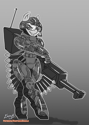 Size: 707x1000 | Tagged: safe, artist:empressbridle, oc, oc only, earth pony, anthro, unguligrade anthro, antennae, armor, bullet, camouflage, gradient background, grayscale, grin, gun, gunpony, helmet, looking at you, microphone, mk 19, monochrome, padding, shells, simple background, smiling, solo, visor, weapon