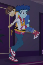Size: 329x492 | Tagged: safe, screencap, curly winds, some blue guy, wiz kid, equestria girls, equestria girls series, g4, spring breakdown, spoiler:eqg series (season 2), clothes, converse, cropped, fireman carry, lifejacket, male, pants, running, shoes, sneakers