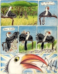 Size: 1704x2176 | Tagged: safe, artist:thefriendlyelephant, oc, oc only, oc:sabe, oc:uganda, antelope, bird, red-billed hornbill, comic:sable story, africa, barely pony related, comic, grass, running, stomping, surprised, tree