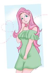 Size: 828x1260 | Tagged: safe, artist:arri darling official, artist:arri-darling, fluttershy, human, g4, abstract background, anime, art trade, bare shoulders, blouse, clothes, colored pupils, cute, dress, female, floating heart, heart, humanized, long hair, looking offscreen, looking up, off shoulder, shyabetes, simple background, sky background, solo