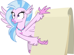 Size: 4527x3361 | Tagged: safe, artist:frownfactory, silverstream, hippogriff, g4, uprooted, .svg available, exploitable, female, flipchart, gru's plan, jewelry, meme, necklace, pinpoint eyes, simple background, solo, svg, transparent background, vector, wings