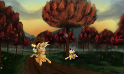 Size: 3544x2123 | Tagged: safe, artist:skyresonance, applejack, fluttershy, pony, g4, :t, high res, implied autumn blaze, prone, running, tree