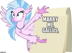 Size: 673x499 | Tagged: safe, artist:frownfactory, silverstream, hippogriff, g4, uprooted, exploitable, female, flipchart, gru's plan, implied gallus, jewelry, marriage proposal, meme, necklace, ship:gallstream, shipping, simple background, solo, straight, subtle as a train wreck, vector, wings