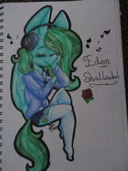 Size: 1280x1707 | Tagged: safe, artist:thecheekycherry, oc, oc only, oc:eden shallowleaf, anthro, clothes, eyes closed, flower, headphones, hoodie, rose, shorts, smiling, socks, thigh highs, traditional art