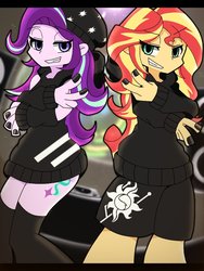 Size: 768x1024 | Tagged: safe, artist:erufi, starlight glimmer, sunset shimmer, equestria girls, g4, beanie, duo, female, gangsta, grin, hat, lidded eyes, nail polish, peace sign, smiling