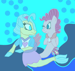 Size: 1300x1235 | Tagged: safe, artist:bigpurplemuppet99, pinkie pie, princess skystar, seapony (g4), g4, clothes, clothes swap, cosplay, costume, equestria girls outfit, female, lesbian, one eye closed, seaponified, seapony pinkie pie, ship:skypie, shipping, species swap, wink