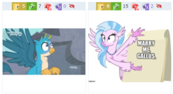 Size: 468x255 | Tagged: safe, artist:frownfactory, edit, screencap, gallus, silverstream, griffon, hippogriff, derpibooru, g4, uprooted, female, gru's plan, juxtaposition, juxtaposition win, male, meme, meta, oh crap, ship:gallstream, shipping, straight, wide eyes