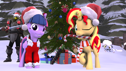 Size: 1920x1080 | Tagged: safe, artist:fd-daylight, derpy hooves, sunset shimmer, twilight sparkle, alicorn, pony, unicorn, g4, 3d, candy, candy cane, christmas, christmas ornament, christmas tree, clothes, costume, decoration, food, hat, holiday, pine tree, present, santa costume, santa hat, snow, source filmmaker, tree, twilight sparkle (alicorn)