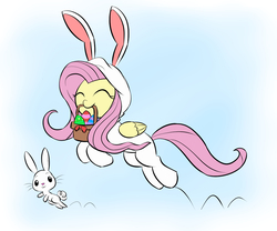 Size: 1200x1000 | Tagged: safe, artist:mew-me, angel bunny, fluttershy, pegasus, pony, rabbit, g4, animal, animal costume, bunny costume, bunny ears, bunnyshy, clothes, costume, cute, daaaaaaaaaaaw, duo, easter, easter bunny, easter egg, eyes closed, gradient background, hnnng, holiday, hopping, mouth hold, pronking, shyabetes