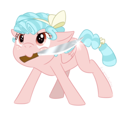 Size: 850x800 | Tagged: safe, artist:enigmadoodles, cozy glow, pegasus, pony, g4, cozybetes, cute, female, filly, floppy ears, foal, freckles, knife, missing cutie mark, mouth hold, pure concentrated unfiltered evil of the utmost potency, simple background, solo, white background