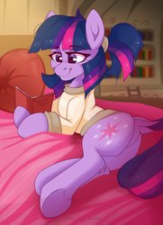 Size: 1535x2126 | Tagged: safe, artist:php97, twilight sparkle, earth pony, pony, g4, leak, bed, book, bookshelf, butt, clothes, female, g5 concept leaks, plot, solo, twilight sparkle (g5 concept leak)