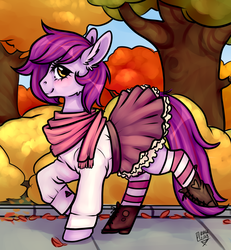 Size: 3600x3900 | Tagged: safe, artist:thatweirdpigeonlady, oc, oc only, oc:mystic blare, earth pony, pony, autumn, boots, clothes, crossdressing, cute, earth pony oc, femboy, high res, male, scarf, shirt, shoes, skirt, skirt lift, socks, solo, striped socks, thigh highs, trap