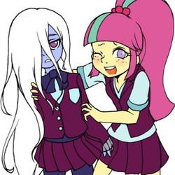 Size: 424x424 | Tagged: safe, artist:doktor-d, sour sweet, sugarcoat, equestria girls, g4, alternate hairstyle, clothes, cropped, crystal prep academy uniform, duo, female, freckles, hair over one eye, looking at you, loose hair, one eye closed, school uniform, shrunken pupils, simple background, unamused, white background
