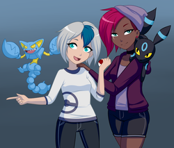 Size: 2000x1704 | Tagged: safe, alternate version, artist:emberfan11, tempest shadow, oc, oc:elizabat stormfeather, gliscor, human, umbreon, g4, my little pony: the movie, alternate hairstyle, beanie, bedroom eyes, blue background, breasts, canon x oc, choker, cleavage, clothes, commission, crossover, cute, dark skin, ear piercing, earring, eye scar, female, hat, hoodie, humanized, humanized oc, jeans, jewelry, lesbian, open mouth, pants, piercing, poké ball, pokémon, scar, shiny pokémon, shipping, shirt, shorts, simple background, stormshadow, style emulation, t-shirt
