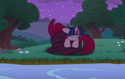 Size: 5253x3297 | Tagged: safe, artist:ejlightning007arts, fizzlepop berrytwist, tempest shadow, twilight sparkle, g4, my little pony: the movie, cute, female, flower, lake, lesbian, lying, night, ship:tempestlight, shipping, sleeping, tempestbetes, tree, twiabetes