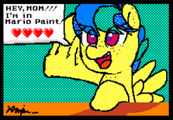 Size: 1155x803 | Tagged: safe, artist:lunaloonatic, oc, oc only, oc:apogee, pegasus, pony, chest freckles, ear freckles, eye clipping through hair, female, filly, freckles, happy, heart, mario paint, open mouth, raised hoof, smiling, solo, speech bubble, spread wings, waving, wings