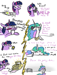Size: 908x1200 | Tagged: safe, artist:jargon scott, princess celestia, twilight sparkle, alicorn, pony, bust, cellphone, comic, dialogue, duo, fax, fax machine, female, football field, goal, hoof hold, mama twilight, mare, phone, phone call, simple background, smartphone, style emulation, twilight sparkle (alicorn), white background, woonoggles