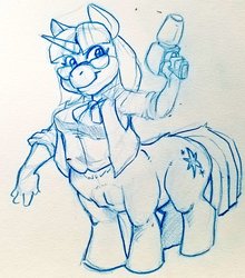 Size: 901x1024 | Tagged: safe, artist:tincrash, sci-twi, twilight sparkle, centaur, unicorn, anthro, unguligrade anthro, equestria girls, g4, centaurified, clothes, glasses, looking offscreen, pencil drawing, ray gun, rolled up sleeves, shirt, simple background, sketch, smiling, species swap, traditional art, vest, white background