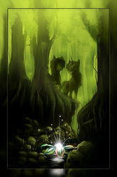 Size: 1782x2700 | Tagged: safe, artist:akurion, pony, unicorn, fanfic:land of the blind, creek, dark, duo, fanfic, fanfic art, fanfic cover, flower, forest, horn, rock, roots, tree, zoom layer